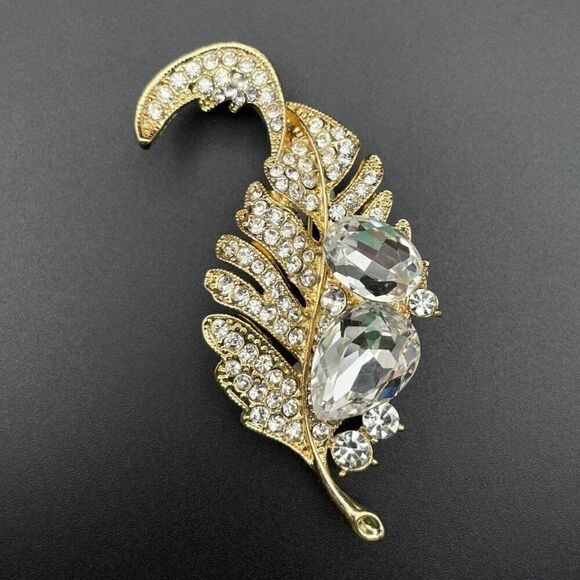 Yellow Gold with White Diamond Crystal Single Feather Pin Back Brooch - Picture 2 of 9